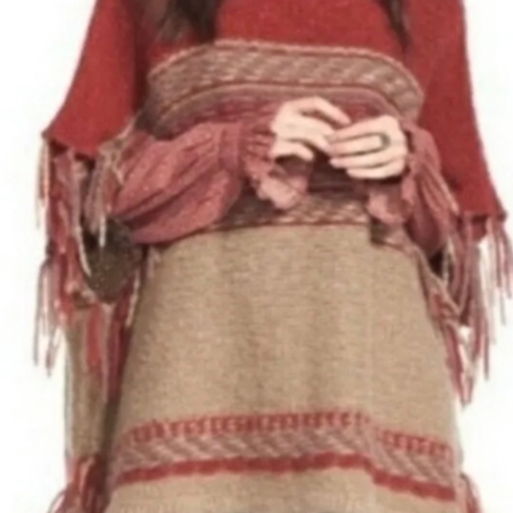 Free People Rust Red and Beige Fringed Knit Poncho